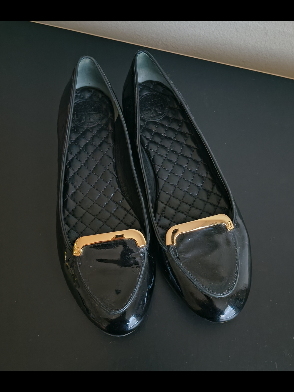 Tory Burch Black Patent Leather Flats with Gold Accent